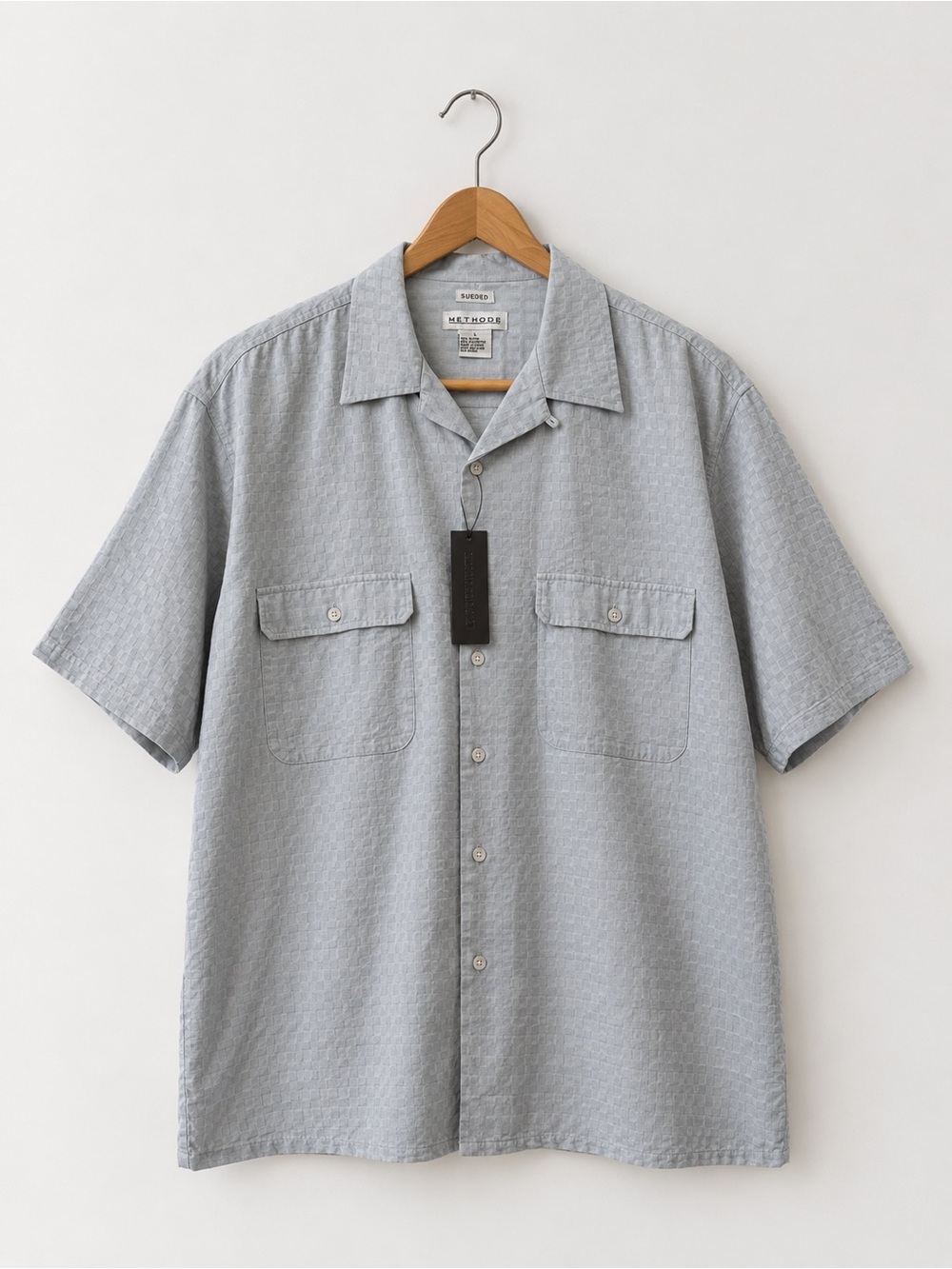 Methode Men's Sueded Light Gray Short Sleeve Camp Shirt - Size L